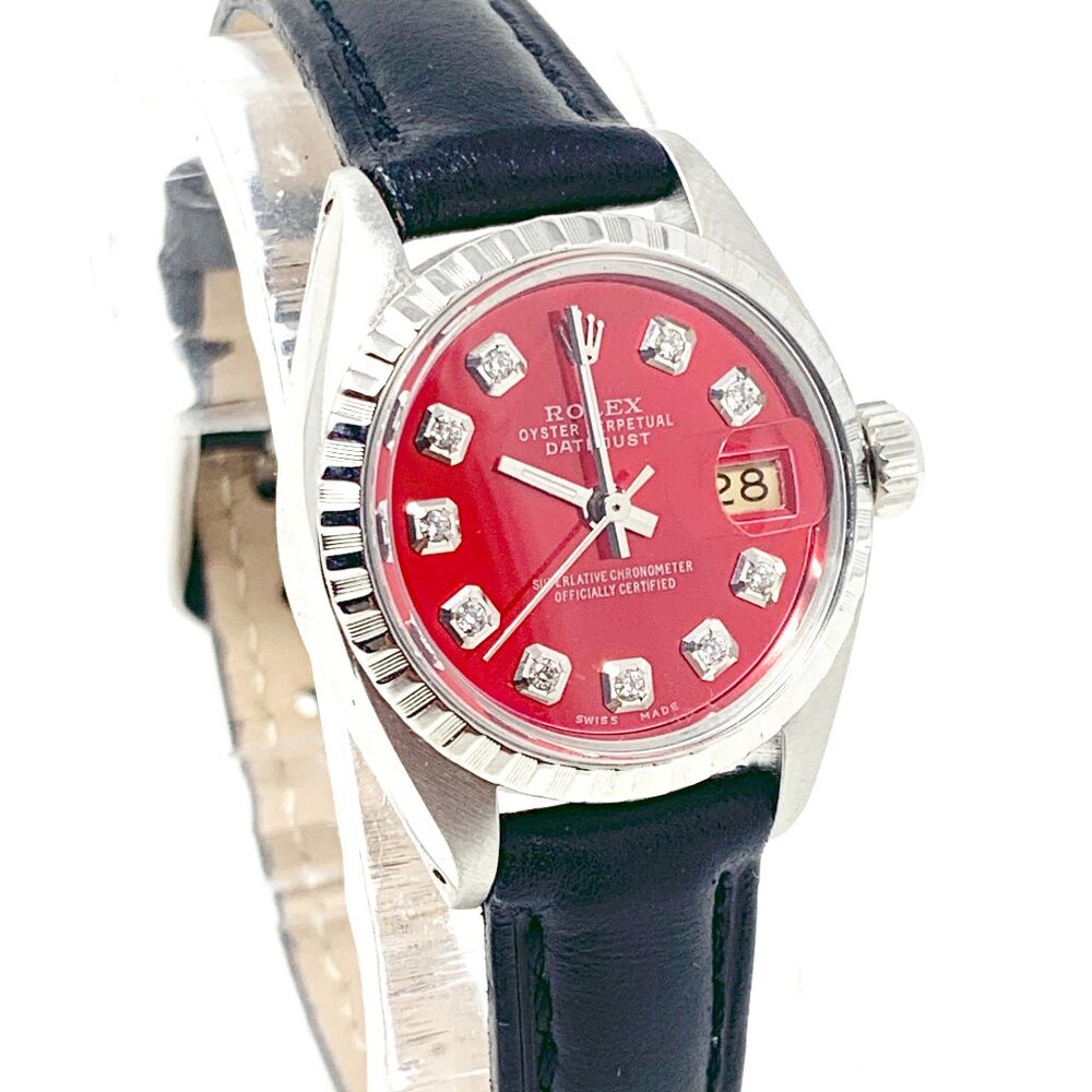 Rolex Ladies 26mm Datejust Red diamond on black leather